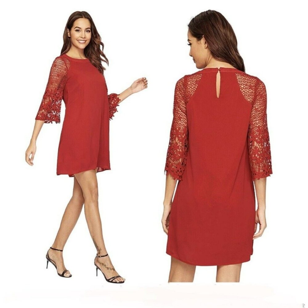 NWOT H&M Red Small Crewneck 3/4 Lace Sleeve Summer Chiffon Tunic Dress